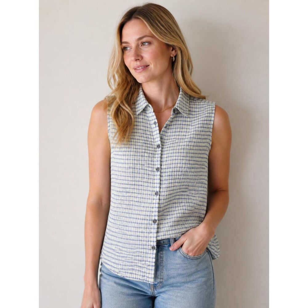 Columbia Sportswear Seersucker Plaid Sleeveless Shirt Womens L Blue Yellow